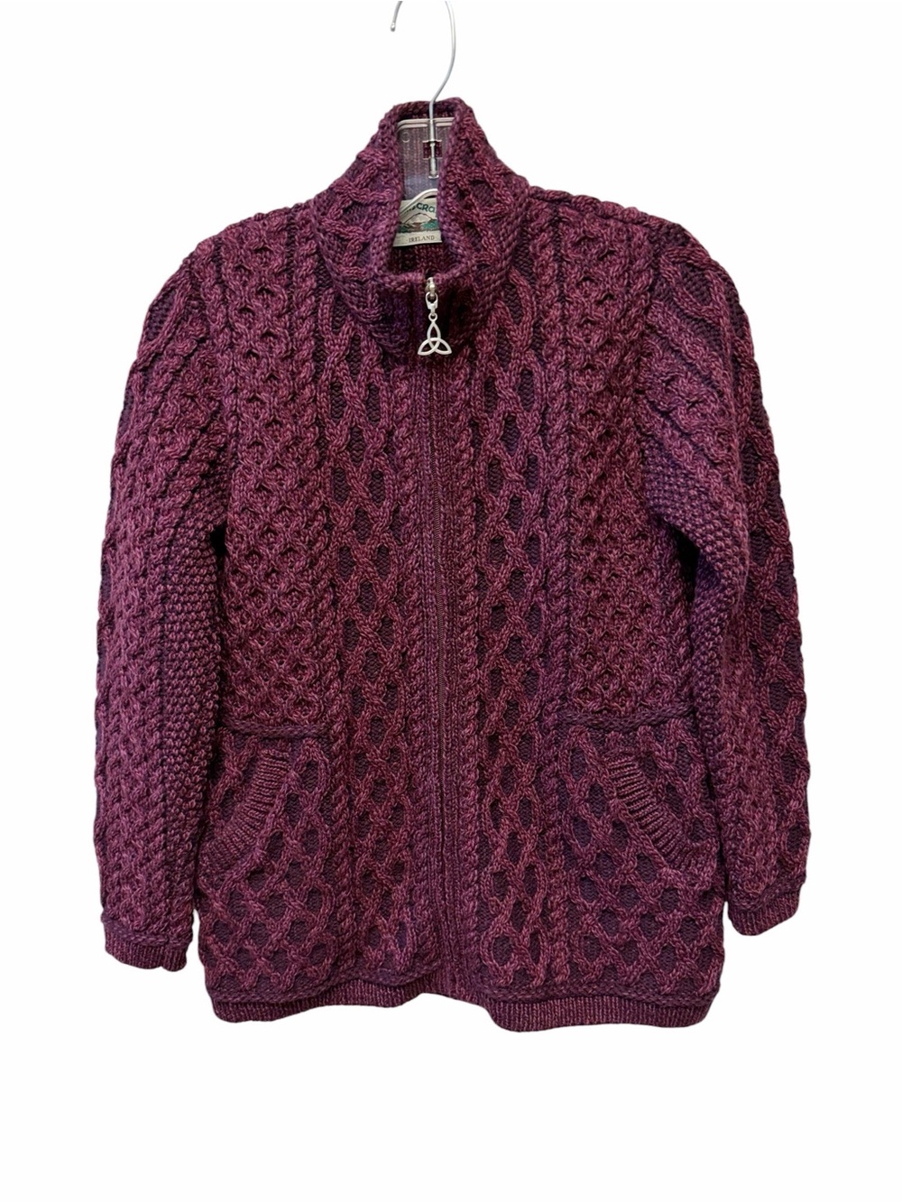 Aran Crafts 100% Merino Wool Cable Knit Zip Cardigan Sweater Size M Purple